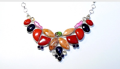 Red Coral, Sunstone, Blue Goldstone, Pearls, Amethyst and Citrine Bezel Set Necklace