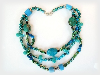 Turquoise, Pearls and Blue Topaz Multi Strand Necklace