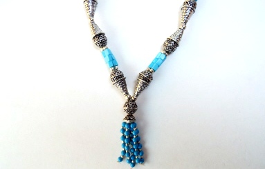 Turquoise Tassel Necklace with Silver Bali Beads