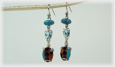 Southwestern Cabochons, Topaz and Turquoise Frencch Earrings in Silver.