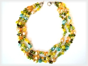 Beautiful Keshi and Coin Pearls with Peridot Three Strand Necklace